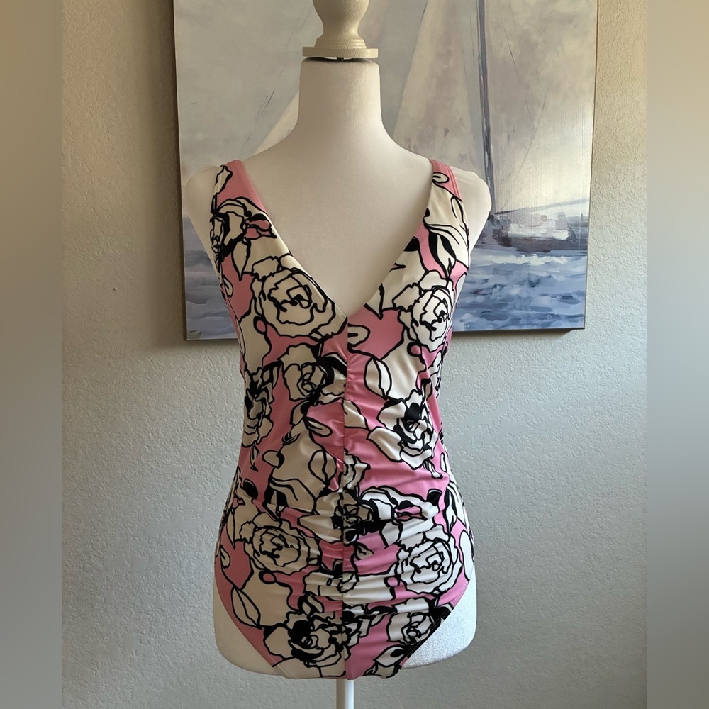 St. John Pink and Black Floral High Cut One Piece Swimsuit
